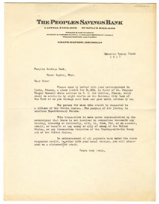 Letter from The People's Saving Bank to Clara Comstock Russell (December 21, 1918)
