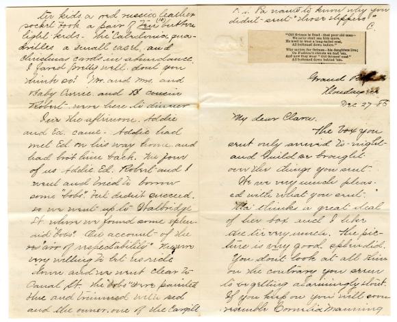 Letter from Cassie to Clara Comstock Russell (December 27, 1880)