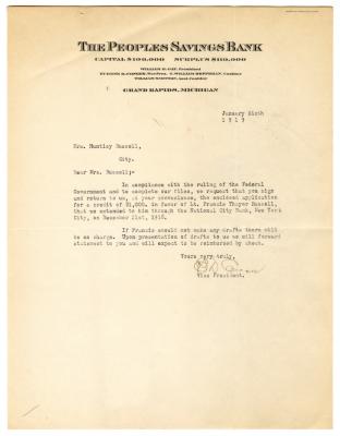 Letter from The People's Saving Bank to Clara Comstock Russell (January 6, 1919)