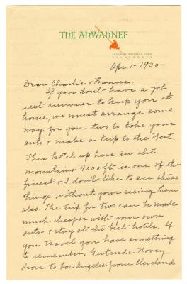 Letter from Clara Comstock Russell to Charles C. Russell (Apr 1, 1930)