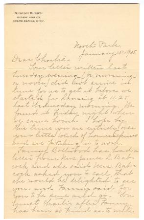 Letter from Clara Comstock Russell to Charles C. Russell (January 15, 1905)