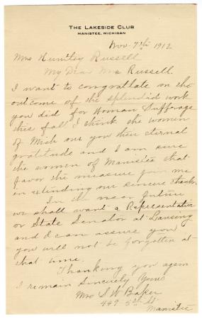 Letter from Mrs. S.W. Baker to Clara Comstock Russell (November 7, 1912)
