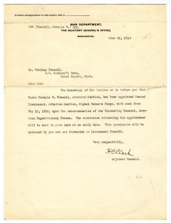Letter from The War Department to Huntley Russell (June 26, 1918)