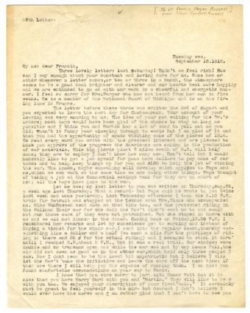 Letter from Clara Comstock Russell to Lt. Francis Thayer Russell (September 10, 1918)