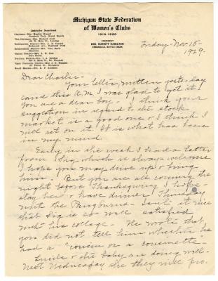 Letter from Clara Comstock Russell to Charles C. Russell (November 15, 1929)