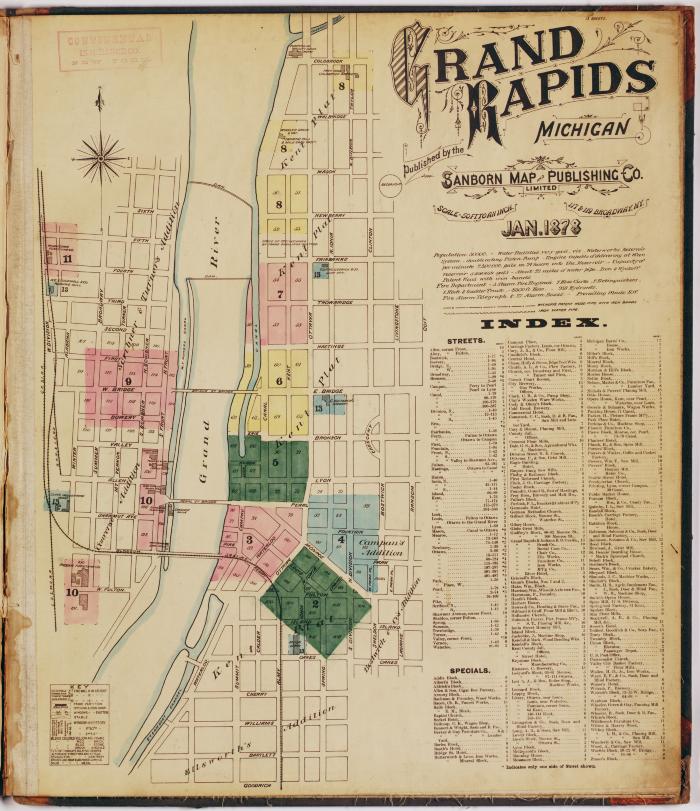 Title page and sheet one of the 1878 Sanborn Fire Insurance map for Grand Rapids, Michigan