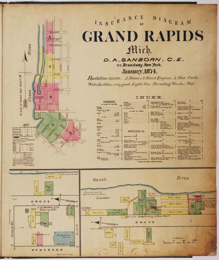 Title page and sheet one of the 1874 Sanborn Fire Insurance map for Grand Rapids, Michigan