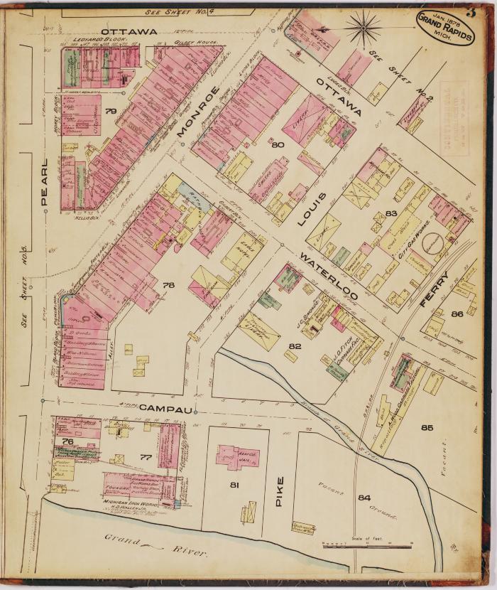 Sheet three of the 1878 Sanborn Fire Insurance map for Grand Rapids, Michigan