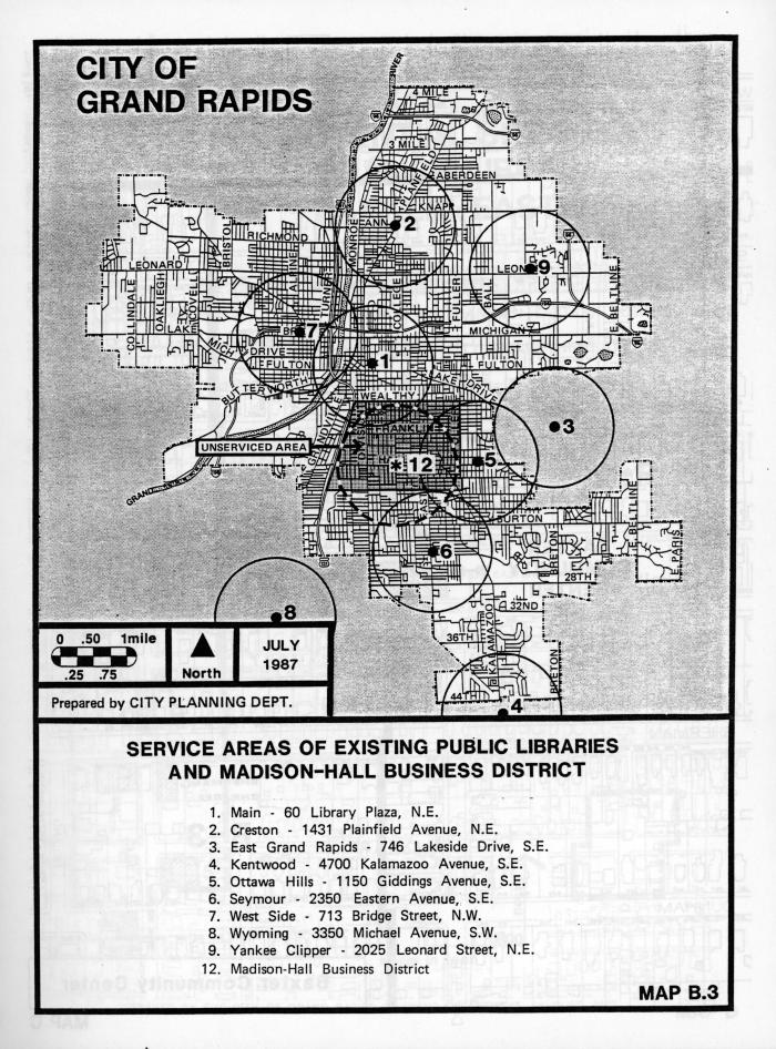 Service Areas of Existing Public Libraries and Madison-Hall Business District