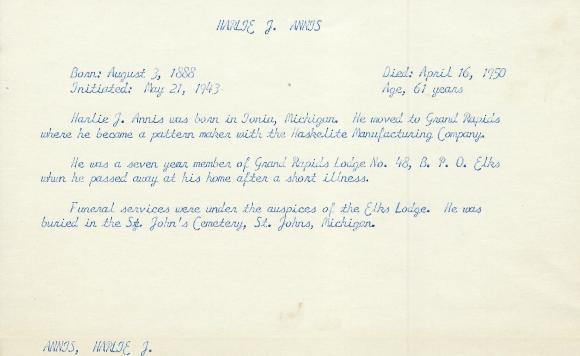 Obituary Card for Harlie J Annis