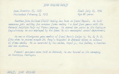 Obituary Card for John W Bailey