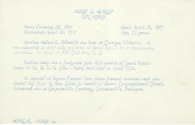 Obituary Card for Andrew L Albrecht