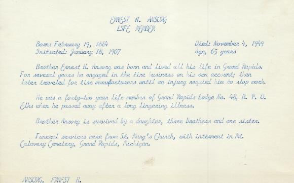 Obituary Card for Ernest H Ansorg