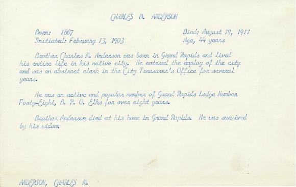 Obituary Card for Charles M Anderson
