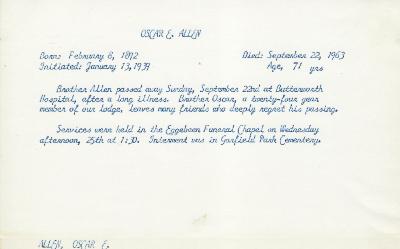Obituary Card for Oscar E Allen