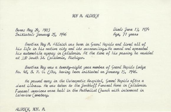 Obituary Card for Roy M Aldrich