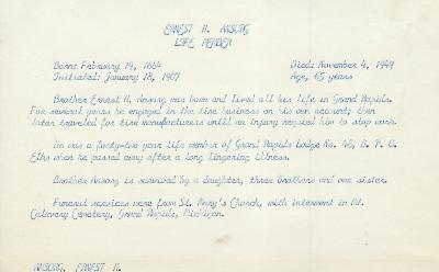 Obituary Card for Ernest H Ansorg