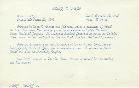 Obituary Card for Wallace H Amsden
