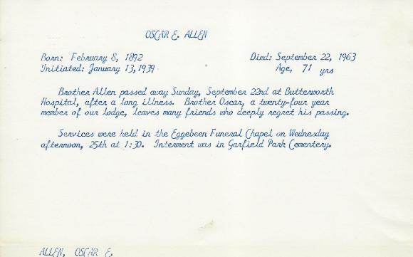 Obituary Card for Oscar E Allen