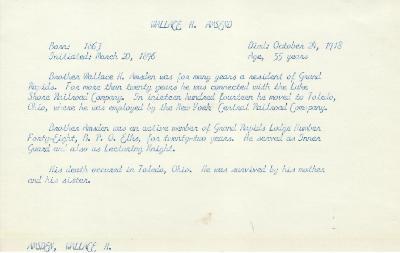 Obituary Card for Wallace H Amsden