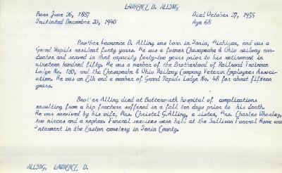 Obituary Card for Lawrence D Alling