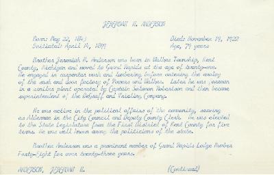 Obituary Card for Jeremiah H Anderson