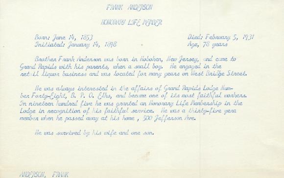 Obituary Card for Frank Anderson