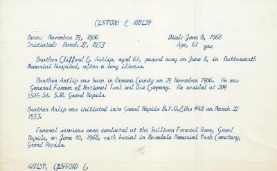 Obituary Card for Clifford E Artlip