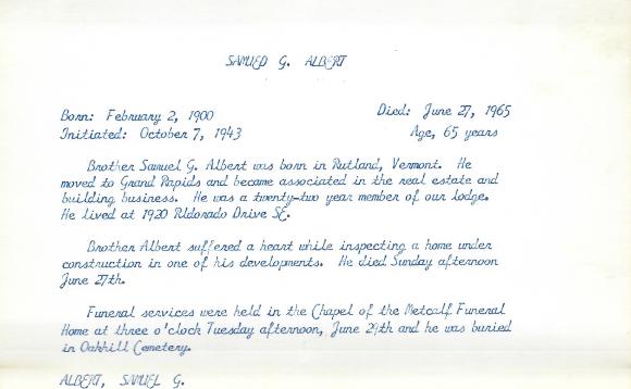 Obituary Card for Samuel G Albert