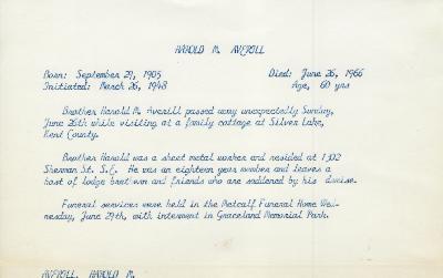 Obituary Card for Harold M Averill
