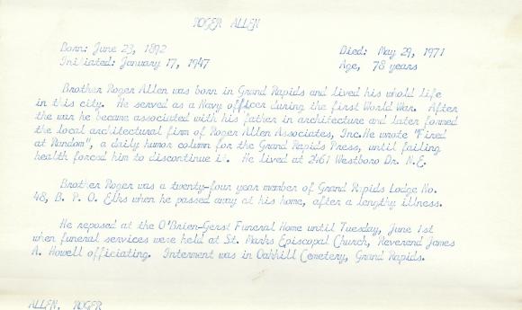 Obituary Card for Roger Allen