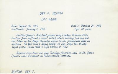 Obituary Card for Jack F Bechtold
