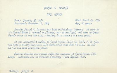 Obituary Card for Joseph A Bossler