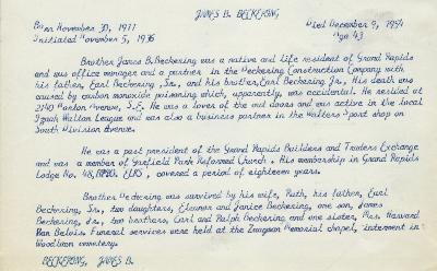 Obituary Card for James B Beckering