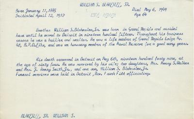 Obituary Card for William S Sr Blakeslee