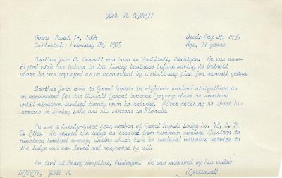 Obituary Card for John M Bennett