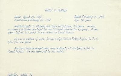 Obituary Card for Louis P Blakely