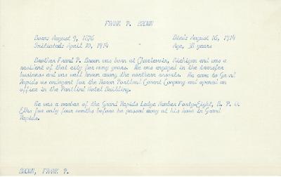 Obituary Card for Frank P Brown