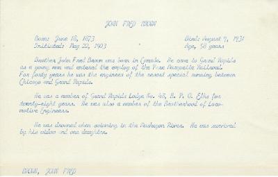 Obituary Card for John Fred Brown
