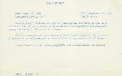 Obituary Card for Joseph V Brown