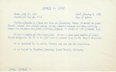 Obituary Card for Charles F Chase