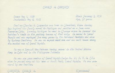 Obituary Card for Charles A Carpenter