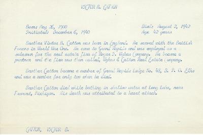 Obituary Card for Victor B Catton