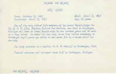 Obituary Card for John P Van Boven