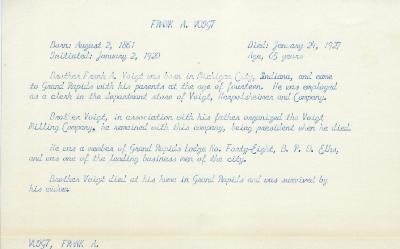 Obituary Card for Frederick L Voigt